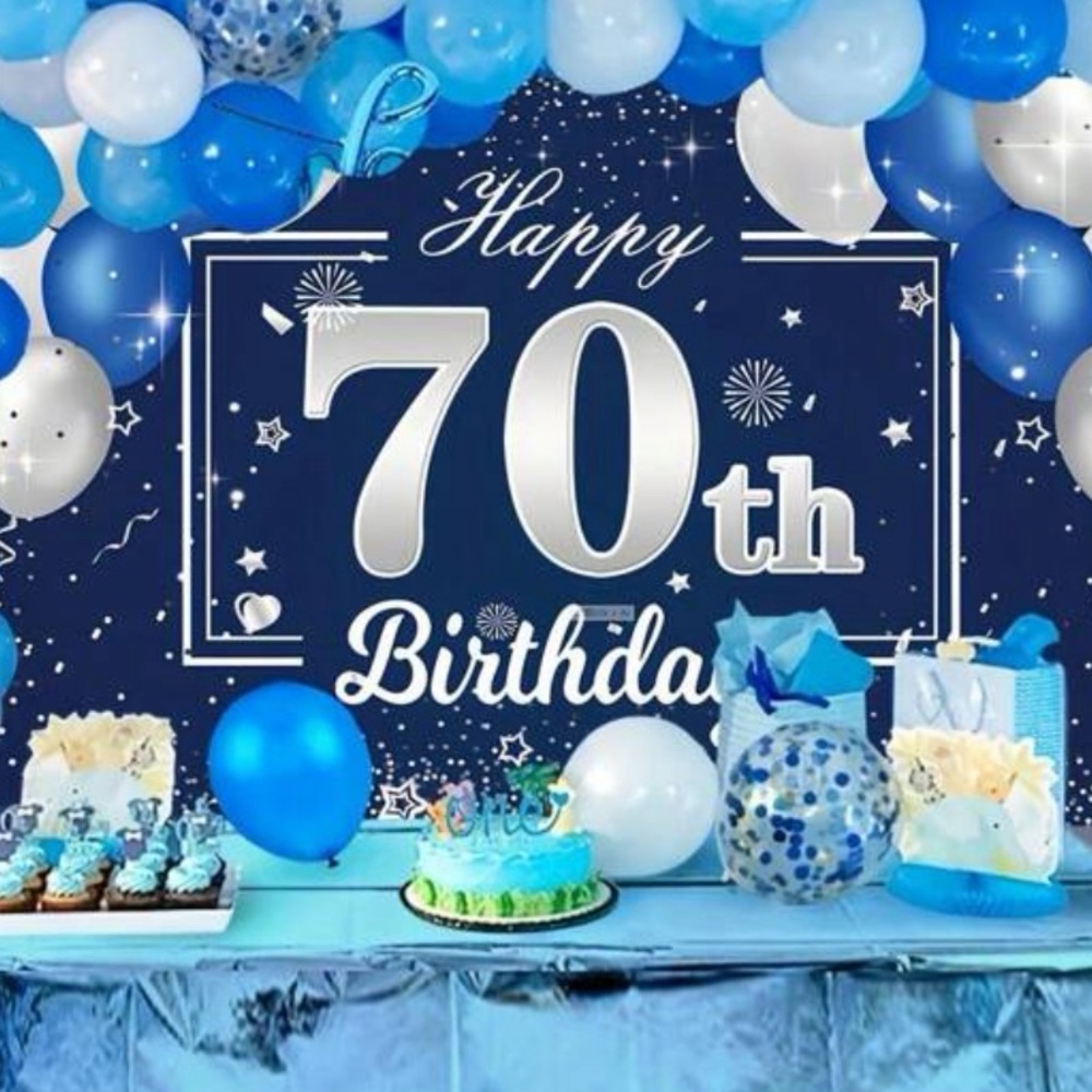 70th birthday decor blue and silver background (2) signs and tabletops